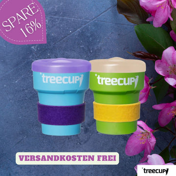 2 x treecup Mehrwegbecher 300 ml + 2 x Deckel + 2 x Manschetten (s. Abbildung)