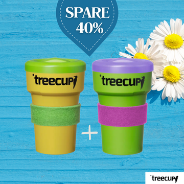 2 x treecup Mehrwegbecher 400 ml + 2 x Deckel + 2 x Manschetten (s. Abbildung)