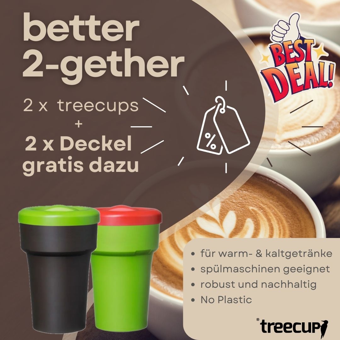 better 2-gether - 2 x treecup Mehrwegbecher 400 ml ohne Logo + 2 x Deckel