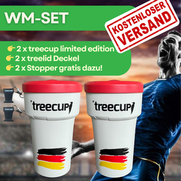 Doppelpack Deutschland Edition - 2 x treecup Mehrwegbecher 400ml inkl. 2 x roter Deckel + 2 x Stopper gratis dazu!