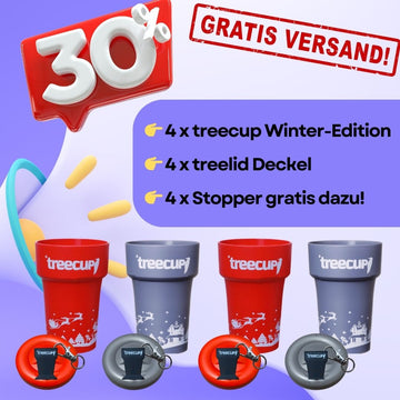 4 x treecup Mehrwegbecher 400 ml mit Wintermotiv + 4 x treelid Deckel + 4 x Stopper gratis dazu! 👉 Versandkosten frei!