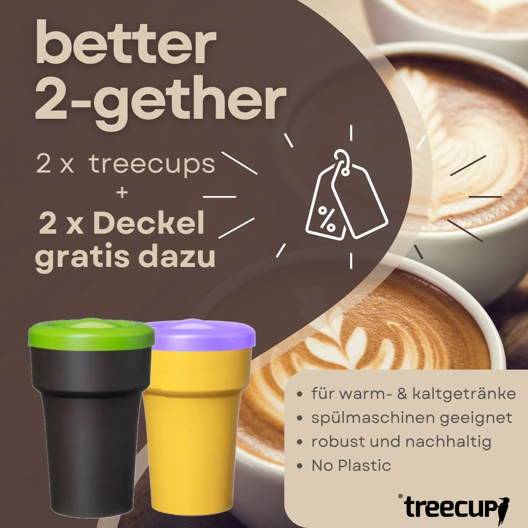 better 2-gether - 2 x treecup Mehrwegbecher 400 ml ohne Logo + 2 x Deckel