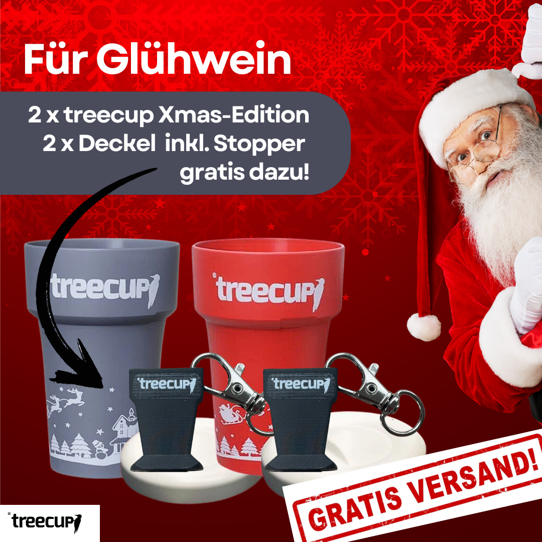 Christmas Duo - 2 x treecup Mehrwegbecher 400 ml mit Weihnachtsmotiv + 2 x Deckel inkl. Stopper