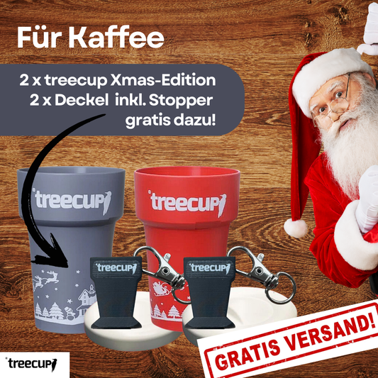 Christmas Duo - 2 x treecup Mehrwegbecher 400 ml mit Weihnachtsmotiv + 2 x Deckel inkl. Stopper