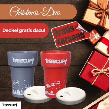 Christmas Duo - 2 x treecup Mehrwegbecher 400 ml mit Weihnachtsmotiv + 2 x Deckel