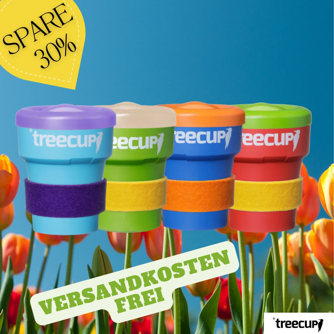4 x treecup Mehrwegbecher 300 ml + 4 x Deckel + 4 x Manschetten (s. Abbildung)