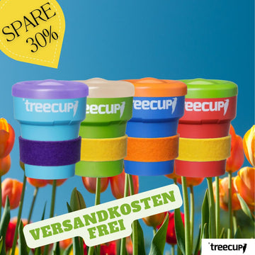 4 x treecup Mehrwegbecher 300 ml + 4 x Deckel + 4 x Manschetten (s. Abbildung)