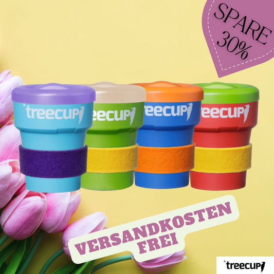 4 x treecup Mehrwegbecher 300 ml + 4 x Deckel + 4 x Manschetten (s. Abbildung)