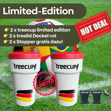 Doppelpack Deutschland Edition - 2 x treecup Mehrwegbecher 400ml inkl. 2 x roter Deckel + 2 x Stopper gratis dazu!