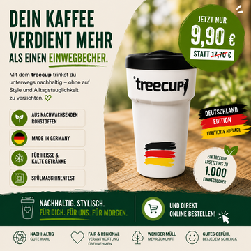 Deutschland Edition - 1 x treecup Mehrwegbecher 400ml mit DE-Motiv + 1 x schwarze treelid Deckel!