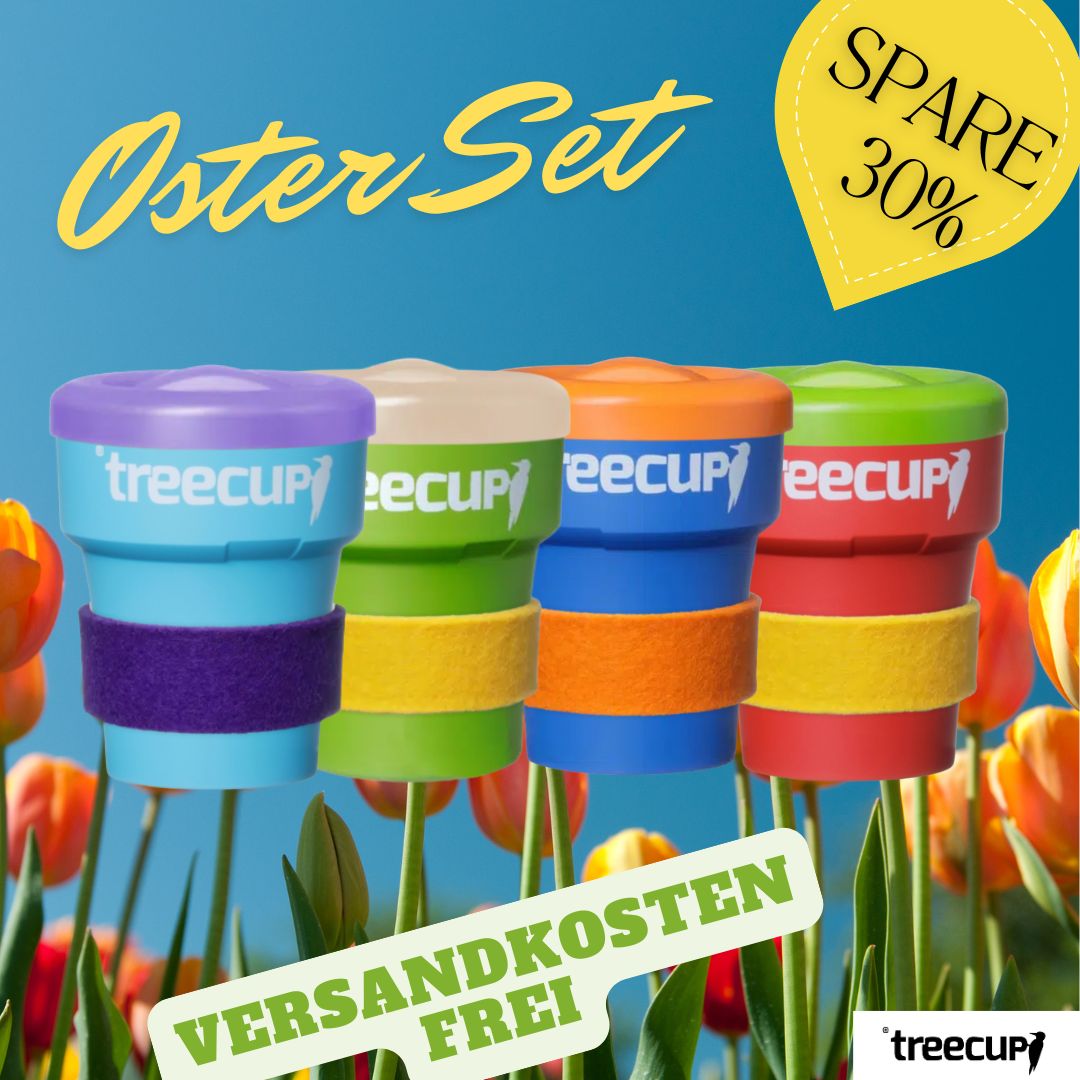 Oster Set - 4 x treecup Mehrwegbecher 300 ml + 4 x Deckel + 4 x Manschetten (s. Abbildung)