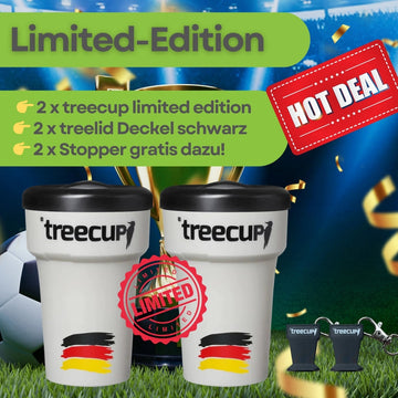 Limited Edition - 2 x treecup Mehrwegbecher 400ml mit DE-Motiv x 2 x schwarze treelid Deckel + 2 x Stopper gratis dazu!